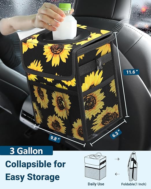 Capolo Car Trash Can with Lid, Leakproof Car Trash Bag Hanging Waterproof Automotive Garbage Can with Storage Pockets Mini Vehicle Trash Bin for Back/Front Seat(Sunflower,3 Gallon)