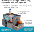 High Road CarHop Car Caddy Organizer with Road Trip Cooler, Car Cup Holder Bin, Sturdy Snack and Play Lid and 6 Organization and Storage Pockets, Gray