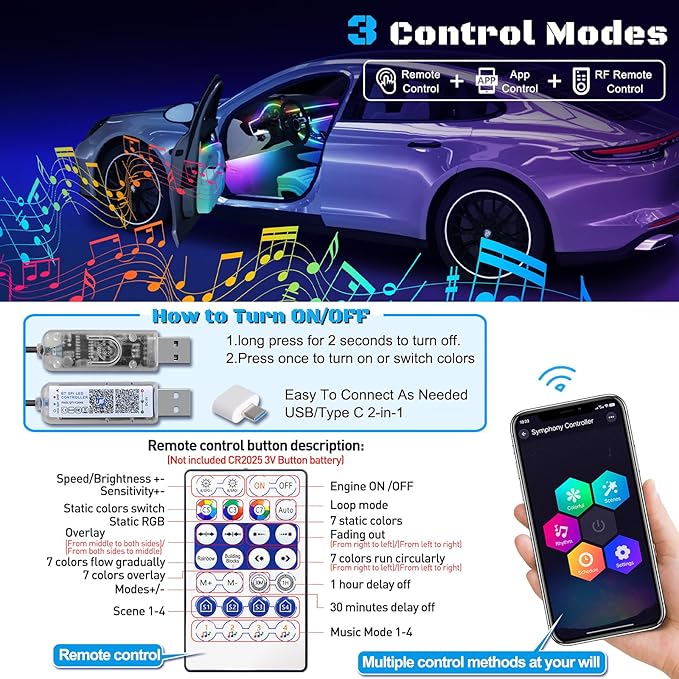 Dreamcolor Acrylic Interior Car LED Strip Light with USB/Type C/4-Port Cigarette Lighter, RGB 10 in 1 with 187 inches 650 LEDs Ambient Lighting Kits, Sound Active Function Neon Led Strips for Car
