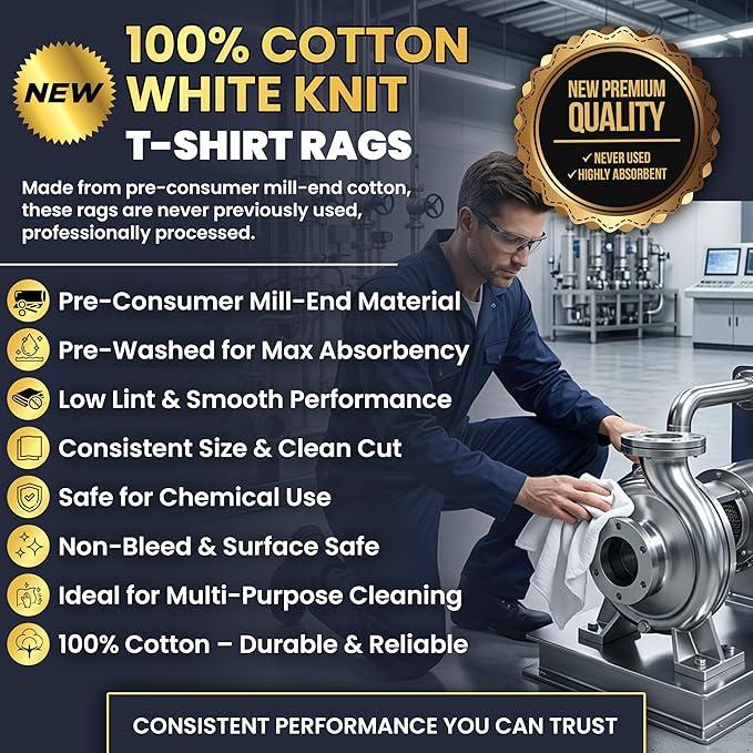 Premium New White Cotton Knit T-Shirt Rags (10 lbs. Bag of Rags) - Lint-Free, Soft & Absorbent Cleaning Cloths for Auto, Paint, Garage, Staining & Polishing