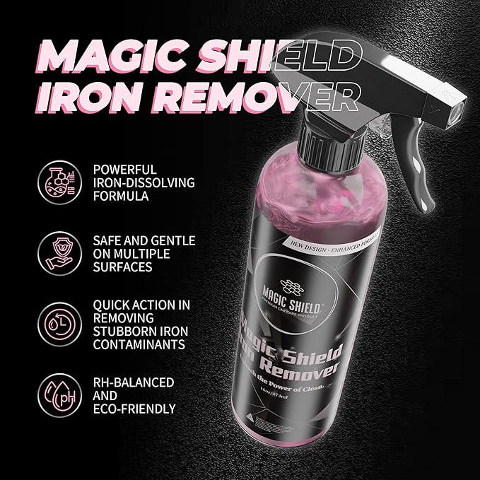 Magic Shield Iron Remover Spray for Cars 16oz - pH-Neutral Iron and Fallout Remover for Car, Motorcycle, RV & Boat | 5-Minute Reaction, Effective on Wheels & Paint | All-In-One Solution