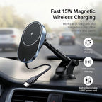 IJS Magnetic Wireless Car Charger with Built-in Retractable Cable – Extendable Windshield & Dashboard Phone Mount – 15W Magsafe Compatible – Fast Charging for iPhone 17/16/15/14/13/12, Samsung, Pixel