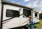 Camco RV Flow-Through Wash Brush - Features an Adjustable Handle, a Standard Garden Hose Connection, and an On/Off Button to Control Water Flow (43633)