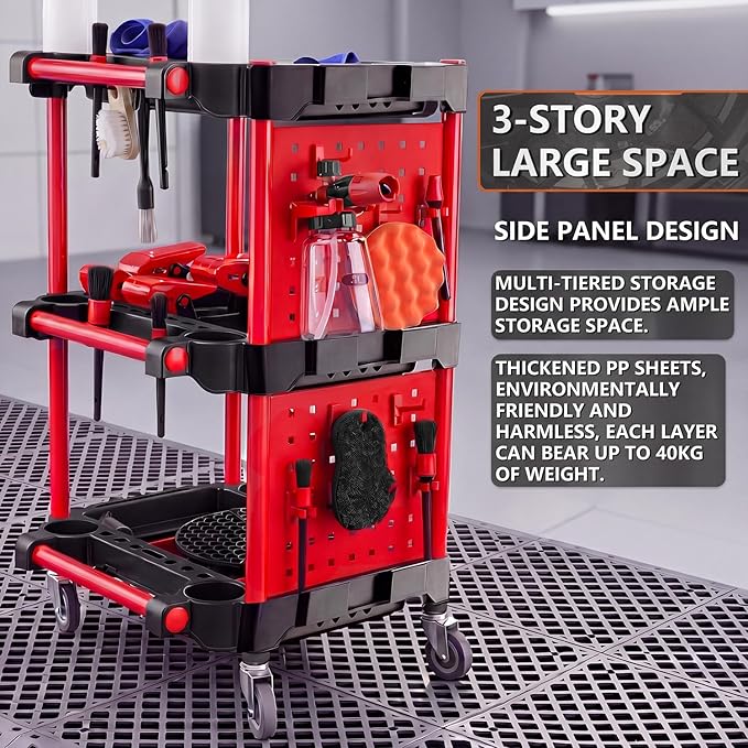 Auto Detailing Cart with Wheels, 3 Tier Rolling Detail Cart with Long Hanging Plate & Hooks & Brush & Towel and Gloves, for Detailers Garage, Workshop, Repair Shop, Storage Tool
