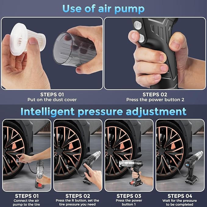 Car Vacuum Portable CordlessTire Inflator for Car 2in1, 40000Pa High Power Dust Buster, Rechargeable 2 Batteries Powered Vacuum Cleaner for Office Home Pet Hair Gifts for Husband Men Black