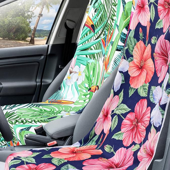 Hahafelt 4 Pack Car Seat Towel Covers with Storage Bag, 63 x 32 Inch Universal Non Slip Waterproof Sweat Protector for Car Truck, Gym Swimming Running, Machine Washable (Tropical Summer Flower)