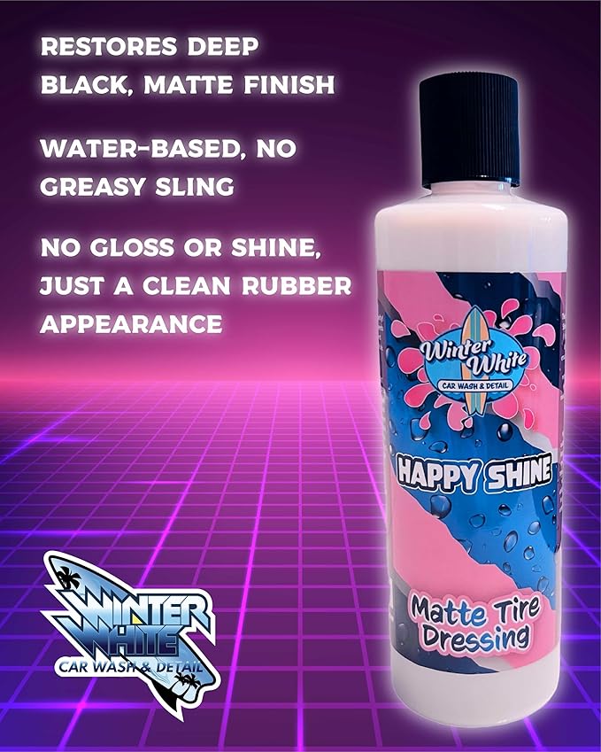Winter White Happy Shine Matte Tire Dressing – Satin Black Tire Shine, Non-Greasy Professional Tire Dressing with UV Protection, Restores Rubber & Trim, No Sling Formula, Made in USA, 16 oz