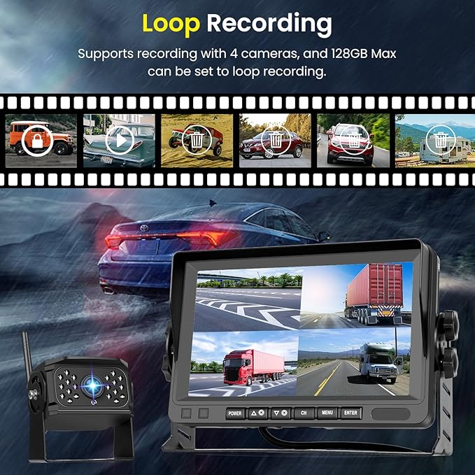 Hodozzy Wireless Backup Camera System Kit, 7 Inch IPS Reversing Monitor with IP68 Waterproof, Quad Split Recording, Night Vision, Manual Zoom,4 Backup Cameras for RV Truck/Trailer/Pickup/Camper