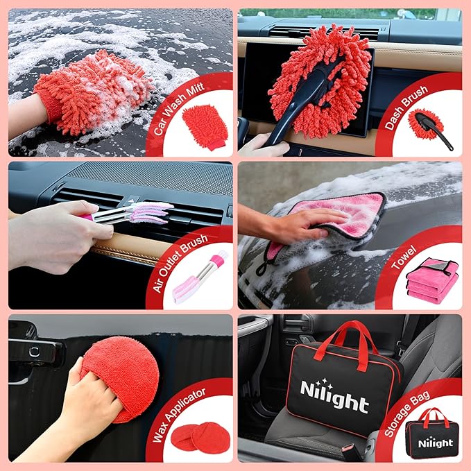 Nilight 27PCS Car Detailing Kit Auto Cleaning Tools Wash Set with Storage Carry Bag Home Use for Interior Exterior Deep Clean Polish Car Care Windshield Dashboard Seat Air Vents Wheels Tires, Red
