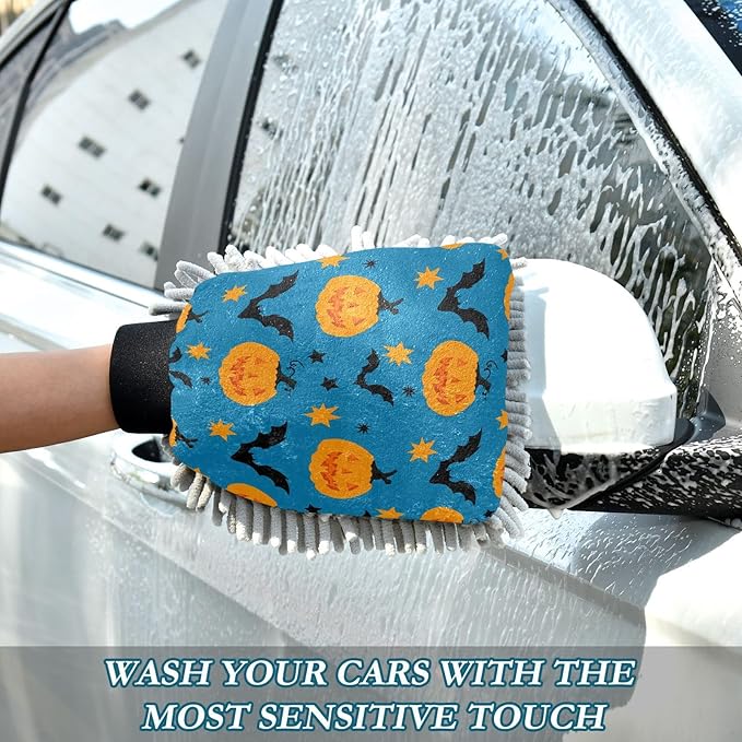 Qilmy Orange Pumpkins Microfiber Chenille Car Wash Sponge Scratch Free Car Wash Mitt Absorbent Mitt Sponge for Trucks SUVs Car Washing Home Cleaning, Medium