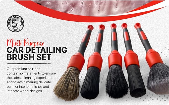 Preimum Car Detailing Brush Set - 5 Pack Auto Detail Kit for Automotive, Soft to Firm Brushes for Cleaning and Polishing for Interior, Exterior, Dashboard, Wheel Rims, Air Vent, Seat, car wash