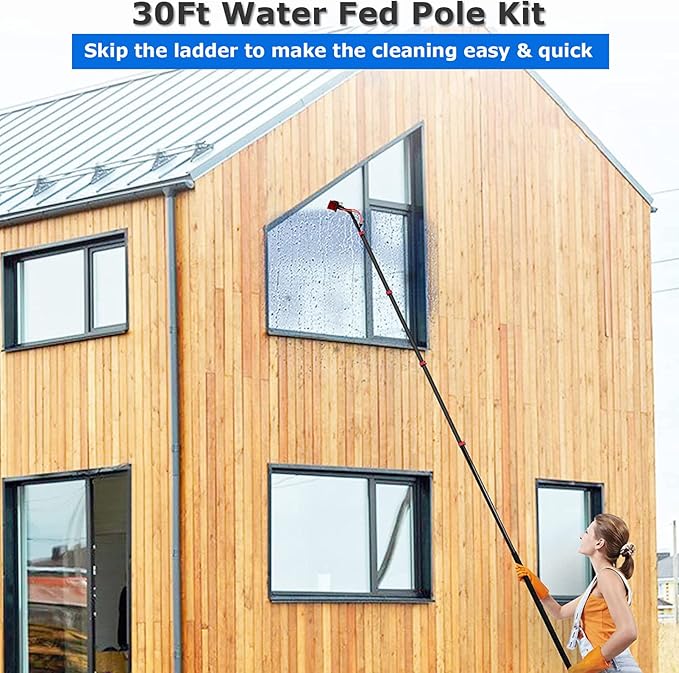 Window Cleaning Pole Kit, Window Cleaning Brush with Extended Handle and Water Hose Solar Panel Cleaning Kit with Extension Pole High Window Cleaning Telescoping Pole,29FT/9M