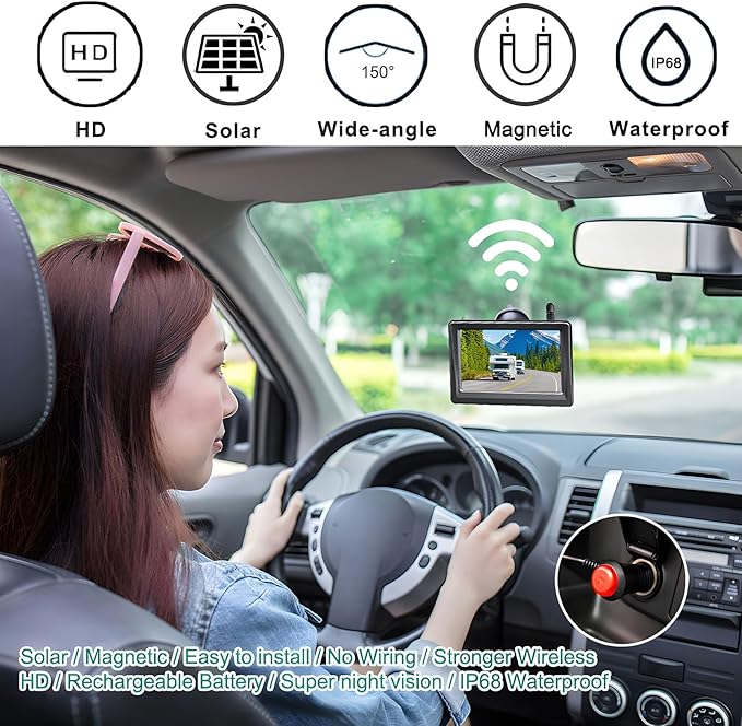 YEOIZO Wireless Backup Camera for Trucks, Solar Magnetic, Portable, No - Drill, No - Wire, 3 Min Easy Install, Night Vision, Rechargeable with 5" HD Monitor Systems for Car, Small RV, Camper, Trailer