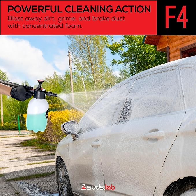 Suds Lab F4 Foaming Pump Sprayer with 70 oz UV Resistant Canister & Ergonomic Handle – Handheld Dual-Action Atomizer Car Foam Sprayer for Detailing, Garden & Home Use