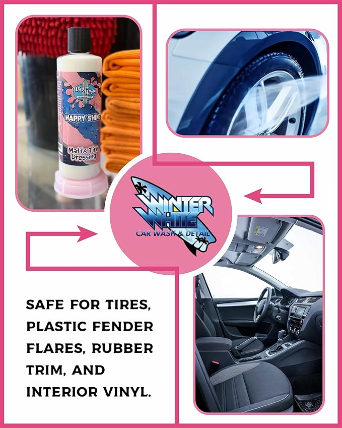 Winter White Happy Shine Matte Tire Dressing – Satin Black Tire Shine, Non-Greasy Professional Tire Dressing with UV Protection, Restores Rubber & Trim, No Sling Formula, Made in USA, 16 oz