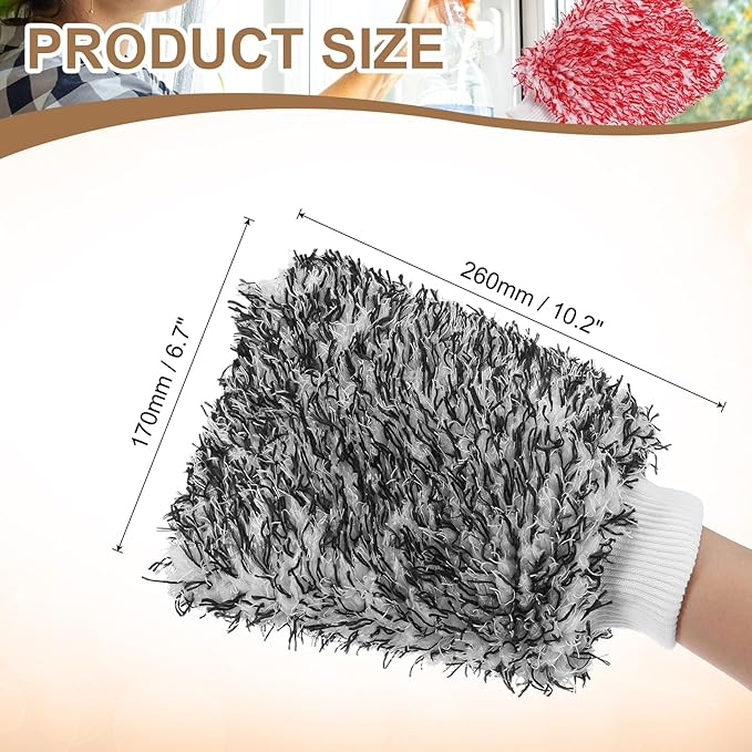 HARFINGTON 2pcs Chenille Microfiber Car Wash Mitts 10.2" x 6.7" Scratch Free Wash Gloves Absorbent Double Sided Plush Cleaning Drying Mitts for Car Washing Home, Gray
