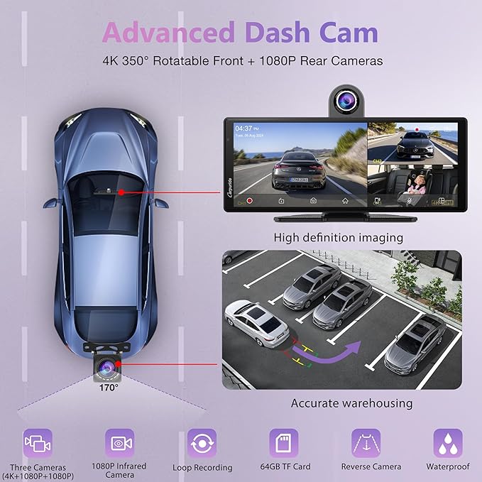 CARPURIDE W903S3 9.3 Inch HD Wireless Carplay & Android Auto Screen, 4K Front + Wired 1080P Rear + Infrared Camera, with Loop Recording, Bluetooth, Voice Control, GPS, FM, Super Link, 64GB TF