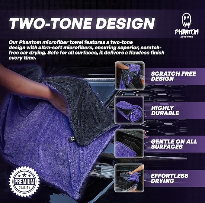 Phantom Drying Towel - 1600 GSM, Large 24" x 36", Ultra-Absorbent Twisted Loop Microfiber, Premium Quality for Cars, Trucks & Multi-Purpose Use