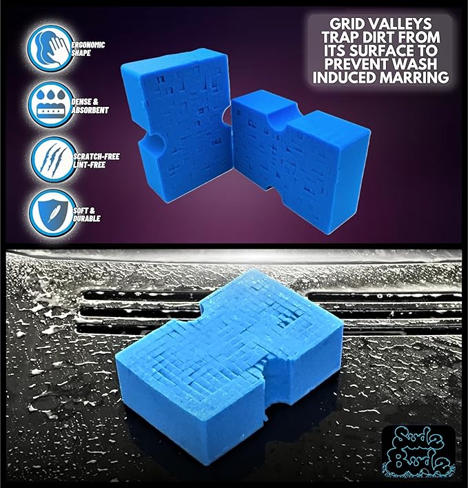 Sudz Budz® Premium Jumbo Foam Grid Car Wash Sponge 1pc | Anti-Marring Sponge for Soap and Rinseless Washing | Cross-Cut, Easy Grip, Large Sponge. Durable, Soft, Scratch-Free Car Cleaning and Detailing