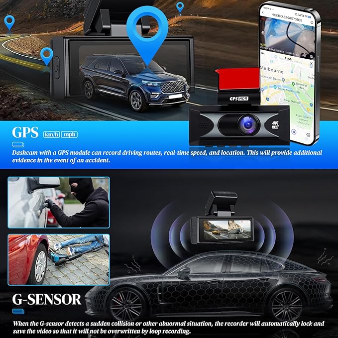 4K Dash Cam with WiFi & APP Control, 4K Front and 2.5K Rear, Dash Camera with ADAS,G-Sensor, 24 Hours Parking Mode, Loop Recording, Night Vision