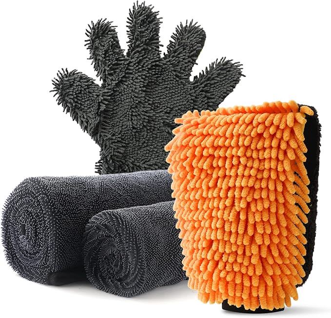 1300GSM Microfiber Car Cleaning Kit 4 Pack, 2 Chenille Wash Mitts & 2 Drying Towels (90cm×60cm & 60cm×40cm), Scratch-Free Lint-Free for Car RV Truck