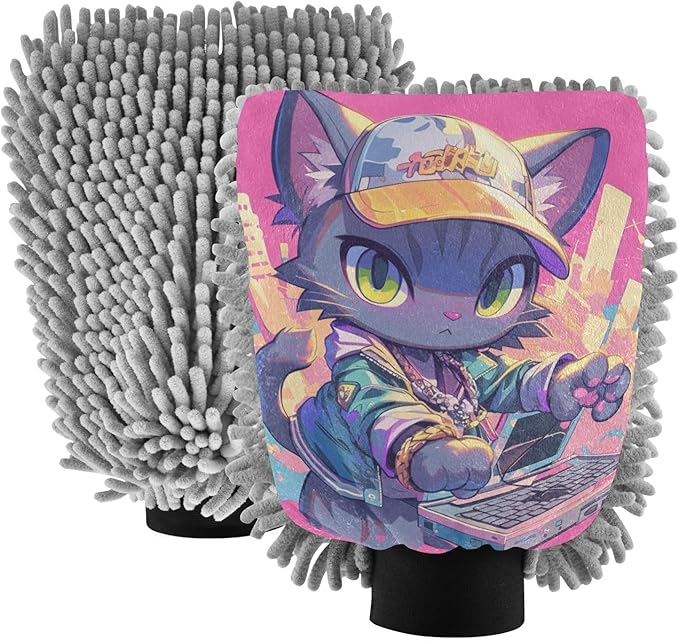 Cartoon Cat Graffiti Style Colorful Hip Pop Hot Pink Car Wash Mitts Scratch Free Wash Mitten For Cars Car Wash Sponges