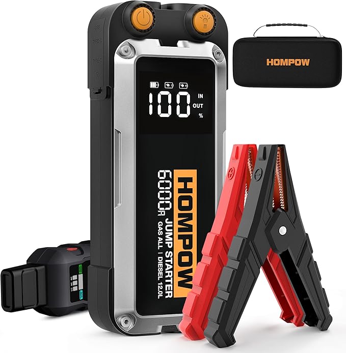 HOMPOW 6000A Car Jump Starter, Portable Car Jumper Starter Battery Pack for All Gas and Up to 12L Diesel Engine, 12V Jump Box with LCD Display, USB Ports and 3 Modes Flashlight