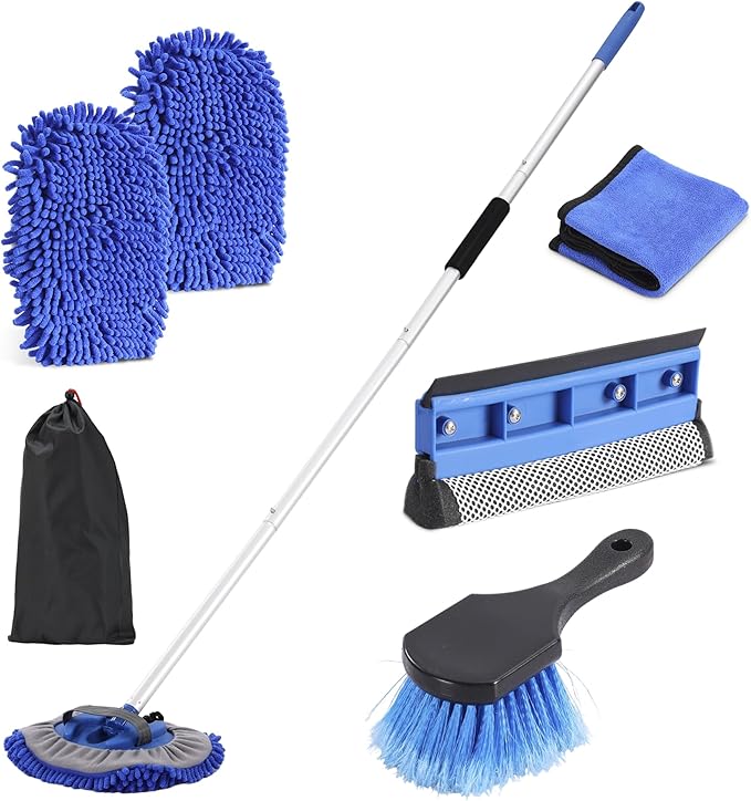 Car Wash Brush with Long Handle, 60'' Car Wash Mop, 7Pcs Chenille Microfiber Cars Washing Kit with Window Squeegee/Microfiber Towels /Wheel Brush for Cars RV Truck Boat Floor Window, Blue
