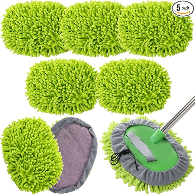 Tallew 5 Pcs Car Wash Mitt Kit, Car Clean Brush Not Included, Microfiber Mitt Clean Detail Cleaning Tools Truck Washing Chenille Scratch Free Replacement Kit for Auto RV Pickup Bus(Green)