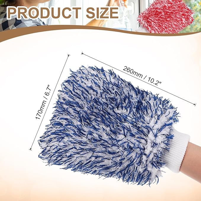 HARFINGTON Chenille Microfiber Car Wash Mitts 10.2" x 6.7" Scratch Free Wash Gloves Absorbent Double Sided Plush Cleaning Drying Mitts for Car Washing Home, Blue