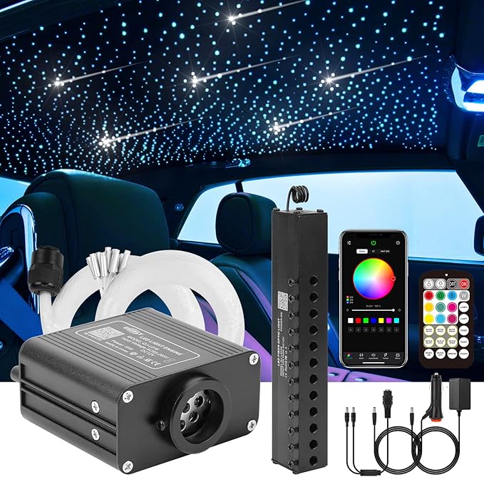 CHINLY Meteor Twinkle 500pcs 13.1ft (0.03in+0.04in+0.06in) Fiber Optic Lights Star Headliner kit+Shooting Stars Light kit, Music Mode Bluetooth APP Control Remote, for Star Headliner/Home Ceiling