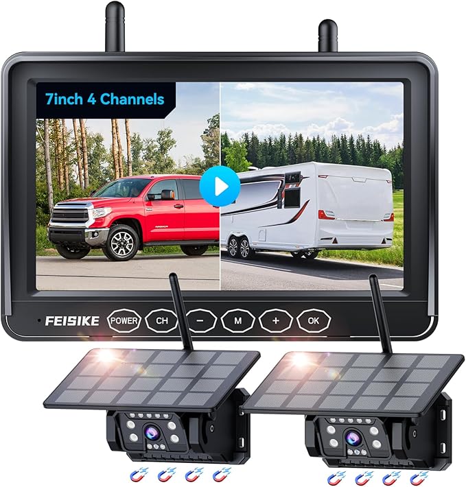 2 Magnetic Solar Wireless Backup Camera for RV Truck Trailer–7" 1080P Monitor with Recording,1-Min Install,No Delay,Wide View,IR Night Vision,4 Channels,Auto-Sleep,Rechargeable Rearview Camera