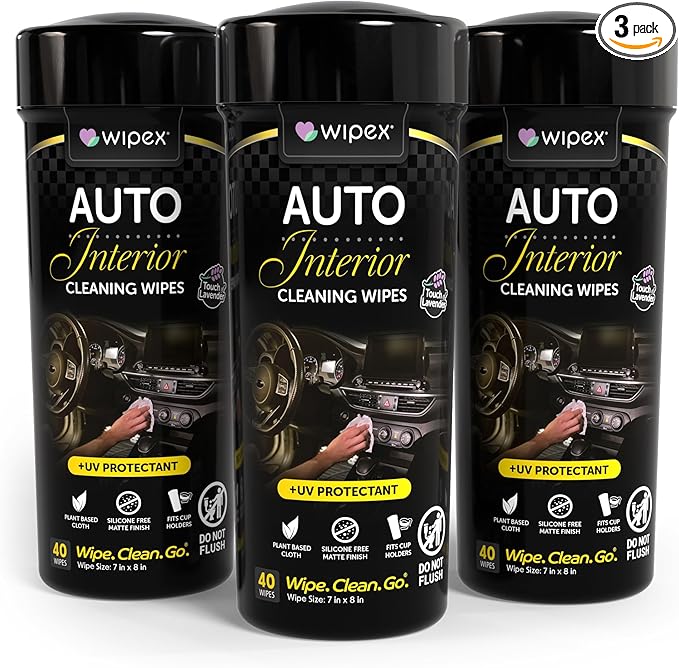 Wipex Auto Interior Car Cleaning Wipes - Plant Based Car Wipes - Lavender Essence, UV Protectant, Safe for Vinyl, Rubber, Plastic, Leather, Chrome, Non-Greasy Matte Finish, 40 Count (Pack of 3)