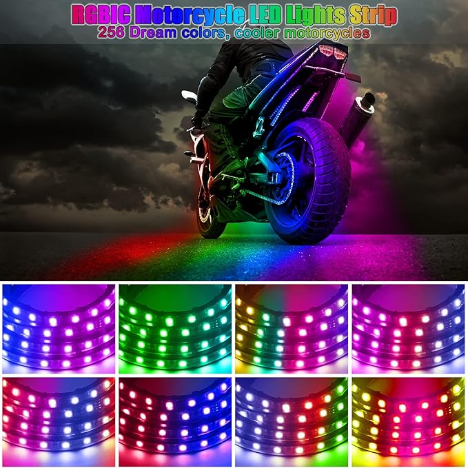 12Pcs Motorcycle LED Underglow Kit, RGB LED Strips Lights, Motorcycle Underglow Lights Kit with APP Control for Harley Davidson Honda Kawasaki Suzuki