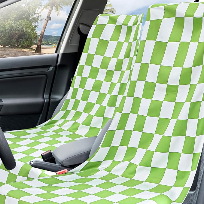 Hahafelt 2 Pack Car Seat Towel Covers with Storage Bag, 63 x 32 Inch Universal Non Slip Waterproof Sweat Protector for Car Truck, Gym Swimming Running, Machine Washable (Green and White Plaid)
