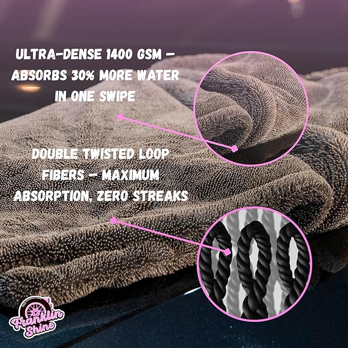 Franklin Shine Arizona XL Microfiber Car Drying Towel – 24”x36” – 1400 GSM Double Twisted Loop – Ultra Absorbent, Streak-Free, for Men Gifts for Men – Car Detailing Towel for Professionals