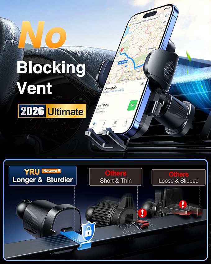 YRU True Military-Grade [360° Rotation Suction] 2026 Ultimate Car Phone Holder Mount 【90+LBS Safest Strongest & Patent Certs】 Dashboard Windshield Vent for iPhone 17 16 Pro Max Samsung, Jet Black