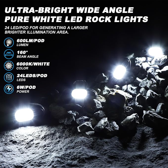 Pure White Rock Lights-24Chip High Power 6000k Pure White, 15FT Cable Each Light, Aluminum Case, Waterproof IP68 Underglow Lights for Trucks Jeep UTV ATV(8 PCS)