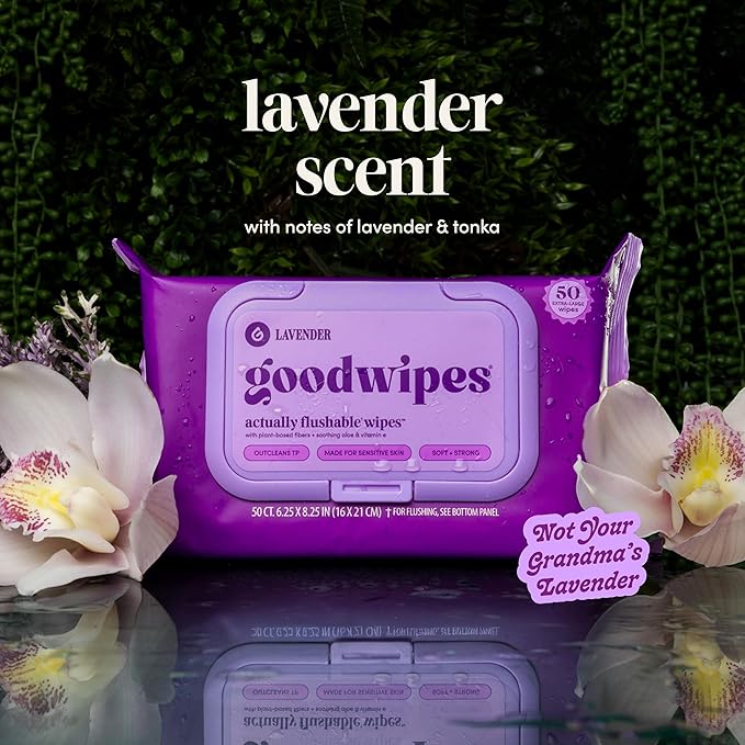 goodwipes Flushable Butt Wipes - Vitamin E & Aloe - Sewer & Septic Safe - Extra Large Adult Wet Wipes For Women & Men - Bathroom Essentials - Lavender, 418 Count (8 Packs + 1 Travel)
