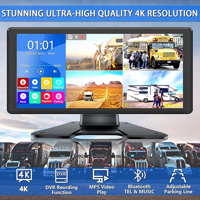 RV Backup Camera System with 10.36’’ 4K Monitor for RV Truck Bus Trailer with 4 Rear/Side View 1080P HD Cameras 4 Splits Touch Screen DVR Recording IP69 Waterproof Bluetooth Music Video Avoid Blind