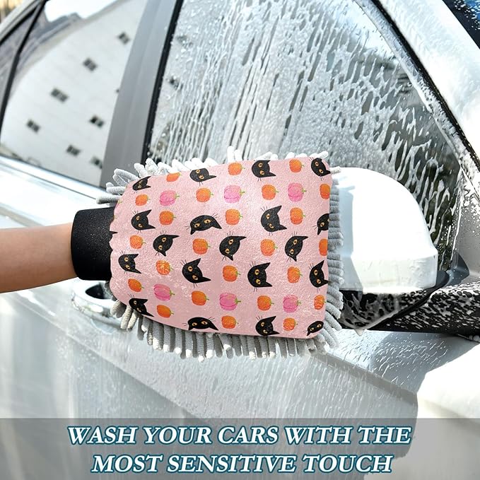 Qilmy Cat Pumpkins Microfiber Chenille Car Wash Sponge Scratch Free Car Wash Mitt Absorbent Mitt Sponge for Trucks SUVs Car Washing Home Cleaning, Medium
