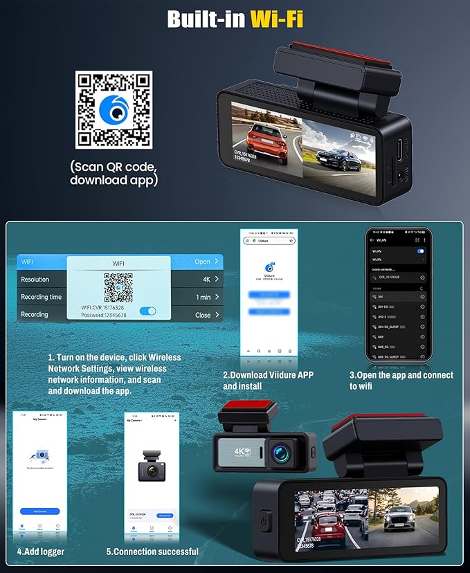 4K Dual Dash Cam Front and Rear, 4K+1080P FHD Car Camera,Dash Camera for Cars Car Camera with GPS WiFi App Control 150° Wide Angle Night Vision G-Sensor Loop Recording 24H Parking Monitoring