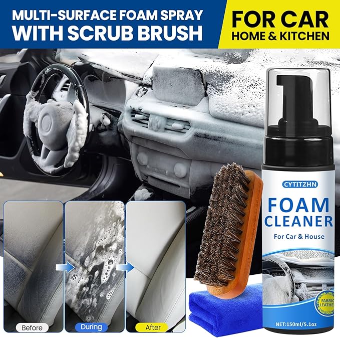 Car Interior Cleaner Kit – All-Purpose Foam Cleaner for Leather, Fabric, Vinyl, Plastic, Carpet & Upholstery | Deep Stain Remover | Includes Brush & Microfiber Towel – 5oz/150ml