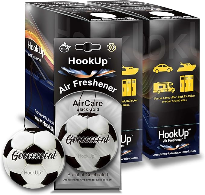 Soccer Car Air Freshener by HookUp - 50 Pack - Black Gold Scent (Extra Strong) | Unique Soccer Gift for Players, Coach, Fans | Hanging Car Accessory with Long Lasting Fresheners Smell