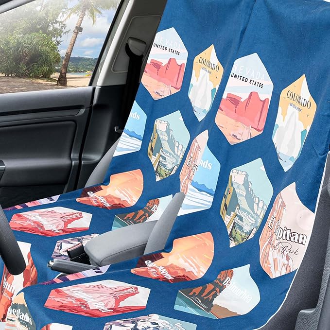 Hahafelt 1 Pack Car Seat Towel Covers with Storage Bag, 63 x 32 Inch Universal Non Slip Waterproof Sweat Protector for Car Truck, Gym Swimming Running, Machine Washable (Multi National Parks 1)