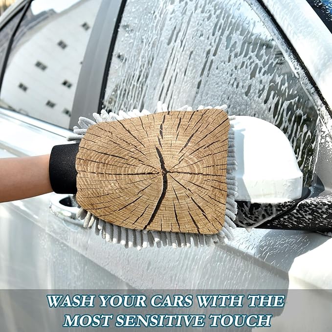 Qilmy Tree Rings Closeup Microfiber Chenille Car Wash Sponge Scratch Free Car Wash Mitt Absorbent Mitt Sponge for Trucks SUVs Car Washing Home Cleaning, Large