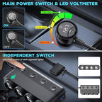Cigarette Lighter Splitter Car Charger, 300W 4 Socket Car Plug in Outlet 12V Adapter with Dual PD 36W and QC3.0 USB C Multi Port & Independent Switch & Dust Cover & Voltmeter for All Car Devices
