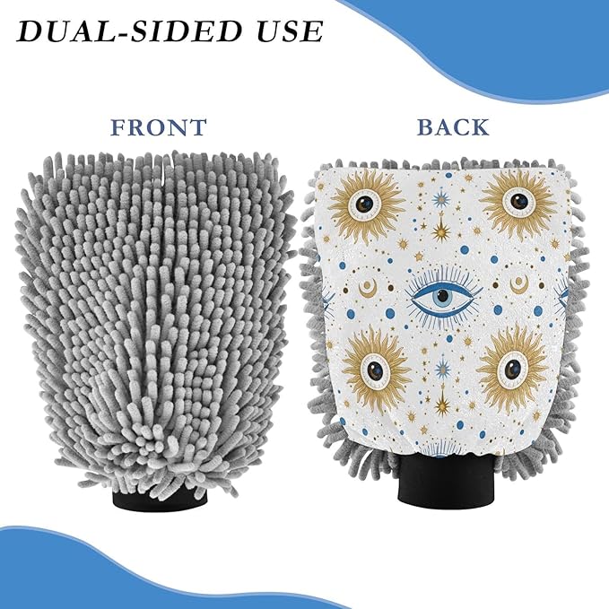 Qilmy Stylized Eye Pattern Microfiber Chenille Car Wash Sponge Scratch Free Car Wash Mitt Absorbent Mitt Sponge for Trucks SUVs Car Washing Home Cleaning, Medium