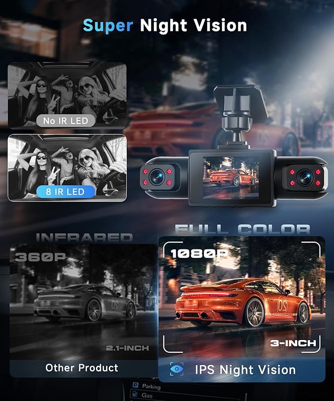 4 Channel 360 Dash Cam Front and Rear Inside Left Right, Dash Camera for Cars, Built-in Night Vision, Sensitive Motion Detection 24/7 Recording Parking Mode Monitor Reversing Help