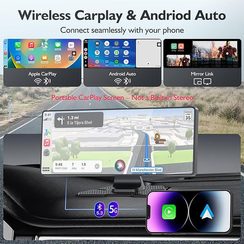 10.26" Portable Carplay Screen for Car, 4K HD Car Stereo Touch Screen with Apple CarPlay and Android Auto, 4K Dash Cam, 1080P Backup Camera, Mirror Link, Voice Control, Bluetooth, GPS, AUX/FM